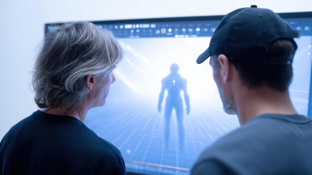 Team examining humanoid 3d model on large display, discussing proportions, rigging and animation for character pipeline in bright studio photo