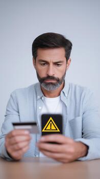 Man holding credit card and viewing alert on phone, worried expression, warning triangle on screen, online transaction flagged, account security concern, verification needed, tense mood photo