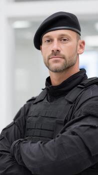 Security manager overseeing access, Security supervisor managing entry procedures effectively, Security coordinator monitoring surveillance and controlling visitor access meticulously photo