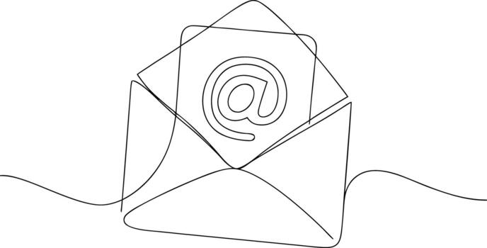 Single line drawing of an open envelope with at symbol vector