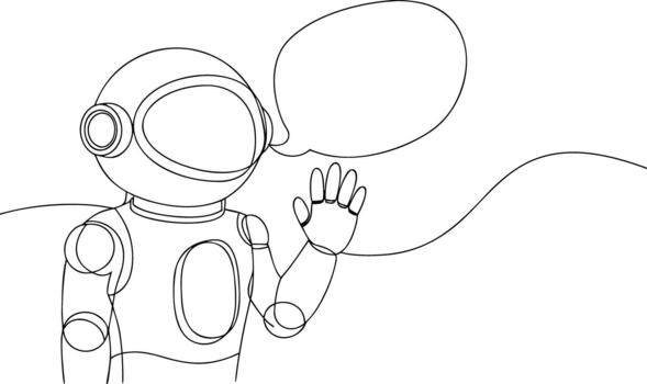 Astronaut waving with speech bubble in continuous line drawing style vector