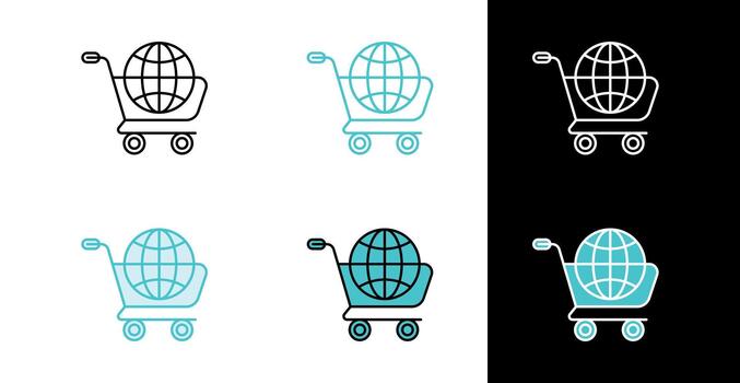 Shopping cart with globe icon for global e-commerce and online retail in line and fill style vector