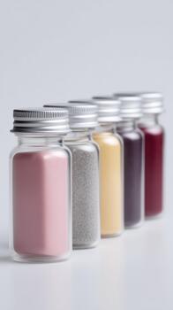 Pigments arranged aesthetically, Artist mixes colors for palettes, Serene scene of color sample preparation, Calm studio setup showcasing pigment vials with subtle color transitions photo