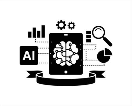 Black icons of A I brain data analysis and technology vector