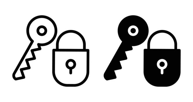Key and Lock Icons Set in Two Distinct Styles Featuring Outline and Solid vector