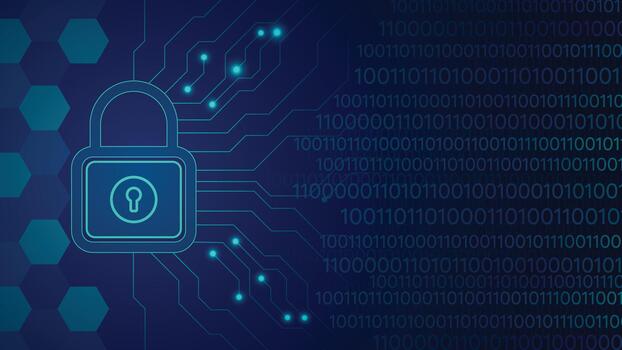 ciber seguridad antecedentes presentando un brillante candado con digital circuito líneas y binario código modelo. ideal para tecnología seguridad temas, datos proteccion, cifrado y en línea la seguridad conceptos vector