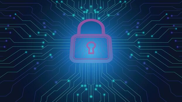 ciber seguridad antecedentes presentando un brillante candado icono con neón circuito líneas en un oscuro tecnología superficie. ideal para datos proteccion temas, en línea privacidad, seguro sistemas y digital la seguridad conceptos vector