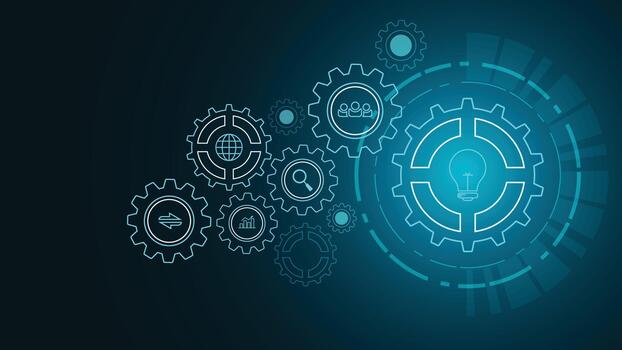 moderno tecnología antecedentes con brillante engranaje íconos ligero bulbo símbolo red elementos y digital tecnología tema ideal para innovación negocio soluciones análisis trabajo en equipo y Progreso conceptos vector