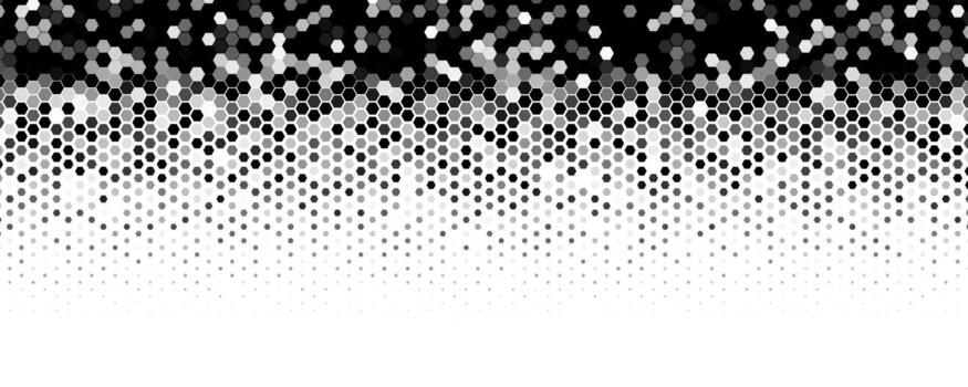 Hexagon halftone top border, black white honeycomb pattern, tech geometric background with copy space for header, banner, web, packaging, poster, presentation. background vector