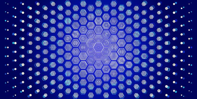 Hexagon blue motion glow depth background, geometric tech pattern, radial tunnel effect, glowing concentric honeycombs for technology, sport, science, medicine. Hexagonal pattern backdrop. BG vector
