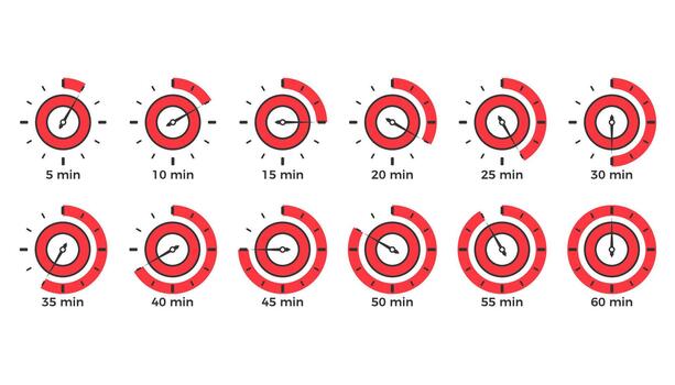 Red clock icons with different time, flat design vector