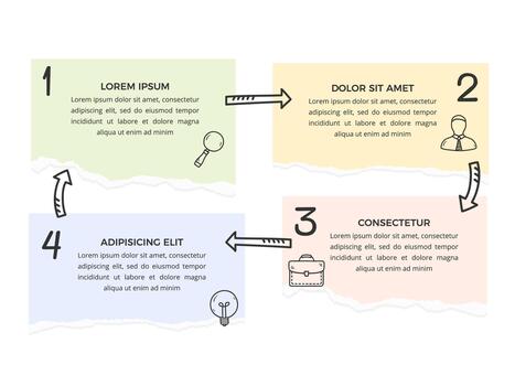 Infographic template with four paper notes connected with hand drawn arrows, circle diagram vector