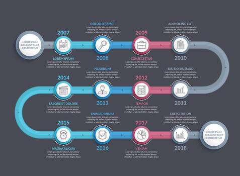 Timeline infographics template with 12 steps, workflow, process, history diagram vector