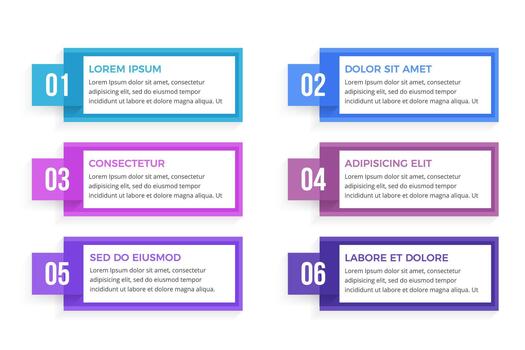 Six business infographic design elements with numbers and text, process, workflow template vector