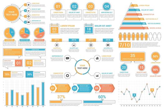 infografía elementos colección - bar y línea gráficos, porcentajes, tarta gráficos, pasos, opciones, línea de tiempo, personas infografia vector