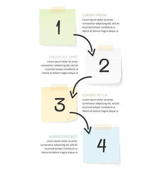 Infographic template with four steps with paper notes and hand drawn arrows vector