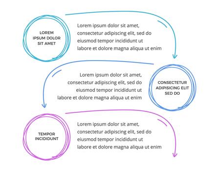 Infographic template with three elements for your text with hand drawn circles and arrows, doodle style vector