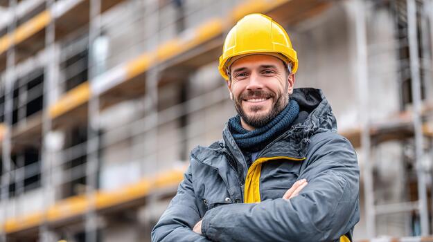 A man in a hard hat and jacket standing in front of a construction site photo