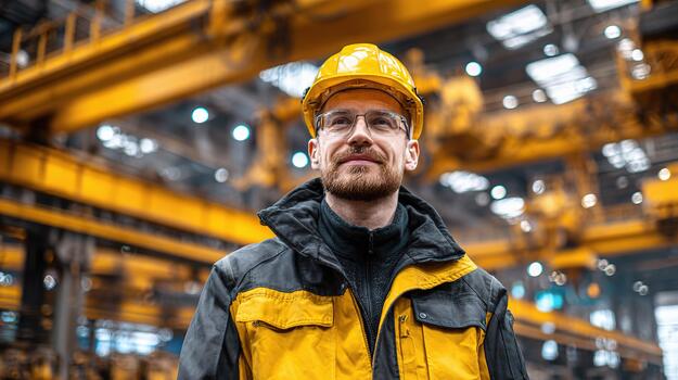 A man in a hard hat standing in front of a factory photo