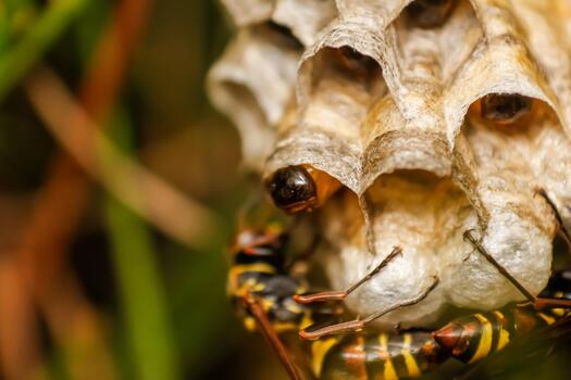 Close-Up of a Wasp Nest with Visible Wasp and Hexagonal Cells photo