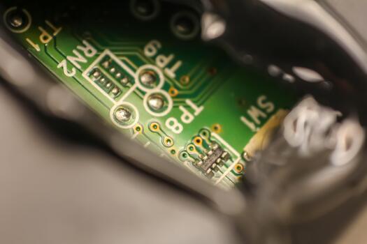 Detailed macro photograph of a complex green printed circuit board inside an electronic device, highlighting the microchip and test points photo