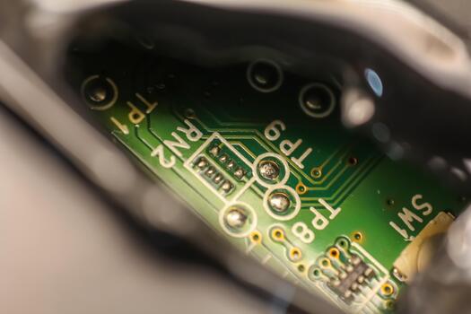 Detailed macro view of a vibrant green printed circuit board, showcasing complex electronic components, precise solder points, and interconnected traces essential for cutting-edge technology photo