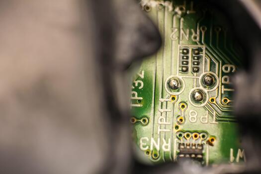 Close-up view of a green circuit board with intricate electronic components and connections, highlighting the complexity of modern technology photo