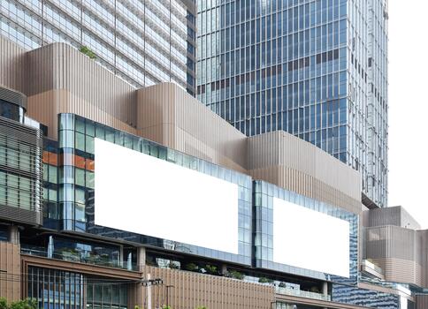 Two white mock up horizontal large LED display billboard on tower building. Clipping path for mockup photo