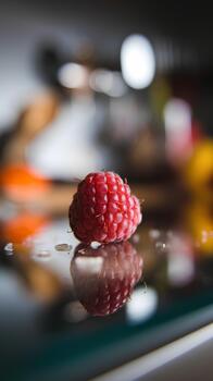 Single ripe raspberry with textured drupelets and water droplets on reflective counter, blurred kitchen elements in background adding depth. Macro natural juiciness, ideal healthy eating campaigns photo