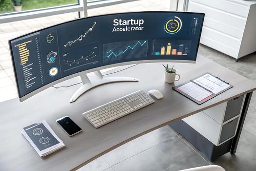 Modern workspace with curved monitor displaying startup accelerator dashboard for desk organization and analysis photo