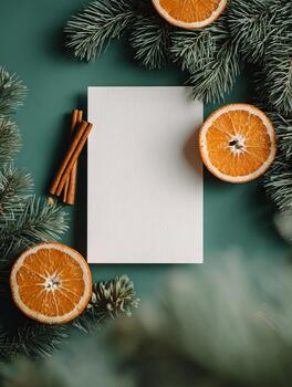 Top view blank paper card framed with fir needle, orange slice and cinnamon stick on green background. Ideal for Christmas invite, greeting, menus, brand mockup, flyer, print, social post, web banner. photo
