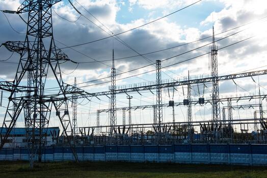 A large electrical power substation with towering transmission lines and metal structures, supplying energy under a partly cloudy sky. photo