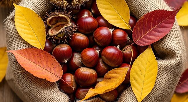 Autumns Bounty Chestnuts and Colorful Leaves in a Burlap Sack. photo