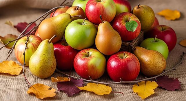 Autumn Harvest A Colorful Display of Apples and Pears. photo