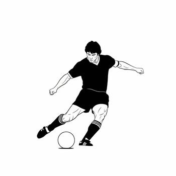Dynamic illustration of a soccer player in mid-action, powerfully striking the ball during a game, embodying skill and athleticism in a minimalist black and white design vector