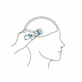 conceptual línea Arte ilustración de un mano aplicando un pequeño electrónico dispositivo a el lado de un humano cabeza, simbolizando memoria mejora o cognitivo mejora vector