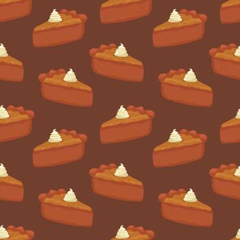 Seamless pattern of pumpkin pie slices with whipped cream on top on a brown background. vector