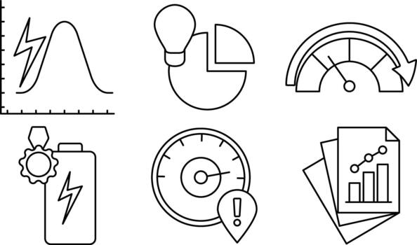 Energy Efficiency Monitoring Line Icons featuring trend chart, usage breakdown, performance gauge, battery settings, alert meter, and report insights vector