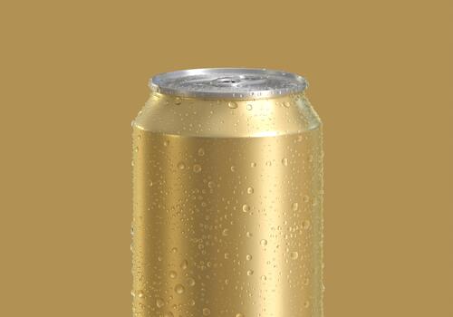 Gold Can of fresh soda with water drops on color background photo