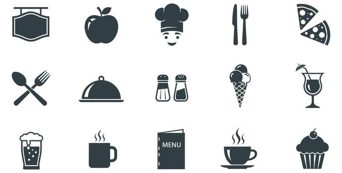 Enjoy a delightful culinary journey with these essential dining icons, perfect for restaurant branding and menu designs, adding a touch of delicious elegance. vector