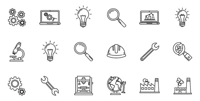 Unleash your engineering prowess with these icons showcasing innovation, precision, and industrial solutions for design and creative projects vector