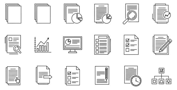 Streamline your workflow with this set of business report icons depicting data analysis, charts, planning, and successful project management for modern design needs vector