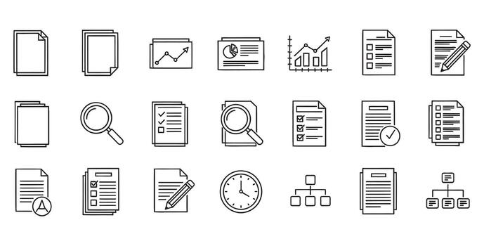 Streamline your workflows with these modern outline icons representing business reports, data analysis, organization charts, and essential planning tools today vector