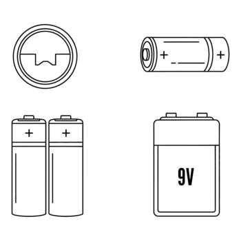 Various batteries offer power solutions for electronics, providing reliable energy sources for multiple applications in a crisp clean line drawing vector