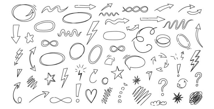 Hand drawn arrows, circles, stars and shapes, perfect for infographics, social media posts, and presentations, adding a playful touch to design projects vector