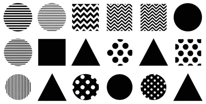 Modern geometric pattern with trendy black and white circles, triangles, squares, and zigzags perfect for posters, backgrounds, and contemporary design projects vector