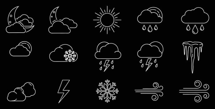 Weather icons presenting a diverse forecast with moon, sun, rain, snow, wind, and ice showcasing atmospheric conditions for use in designs vector