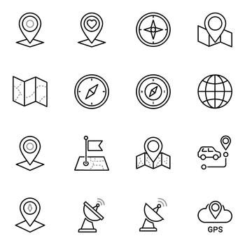 Discover your destination with these modern navigation icons featuring maps, compasses, and location pins for travel and exploration vector