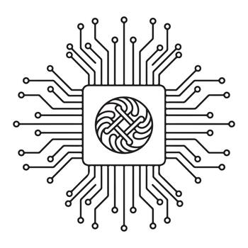 Dynamic abstract processor chip circuit board design with intricate swirling symbol at its core, representing innovation and advanced technology vector
