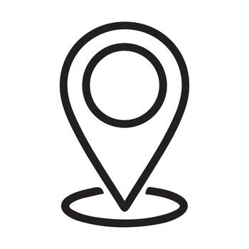 Bold black map pin icon on white background, representing location, navigation, and destination planning for travel and business applications vector